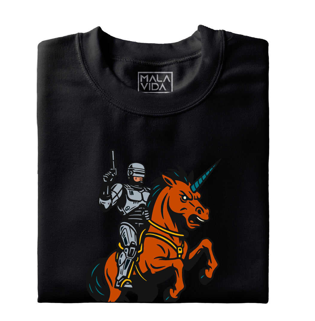 Robocop riding a Unicorn
