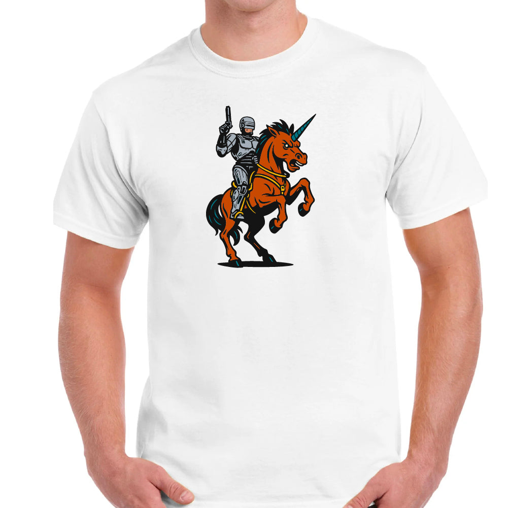 Robocop riding a Unicorn