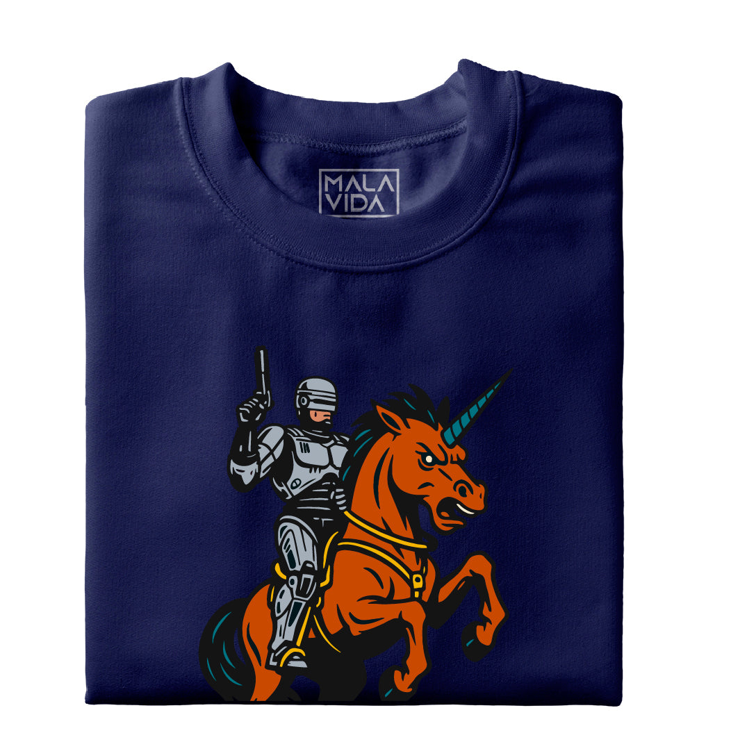 Robocop riding a Unicorn