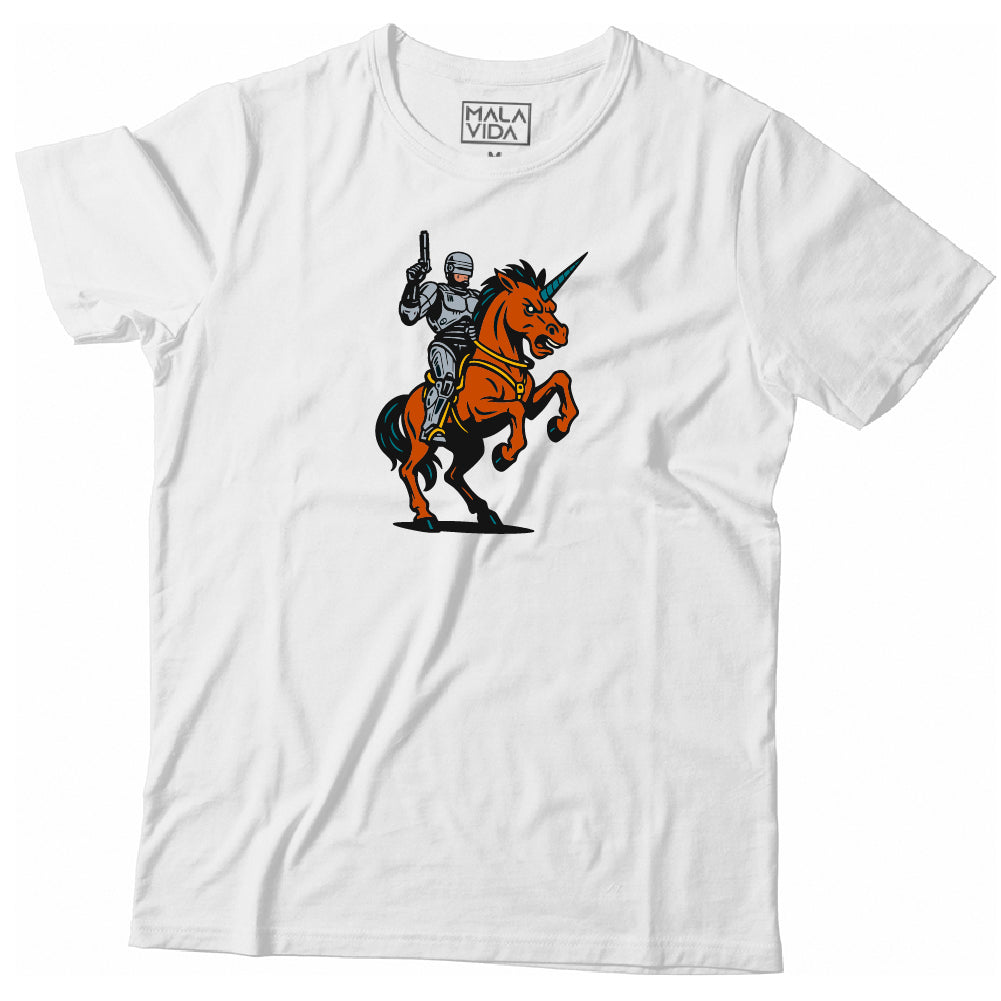 Robocop riding a Unicorn