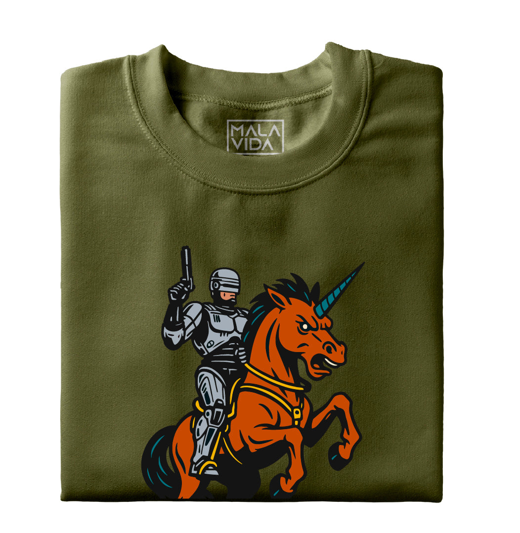 Robocop riding a Unicorn