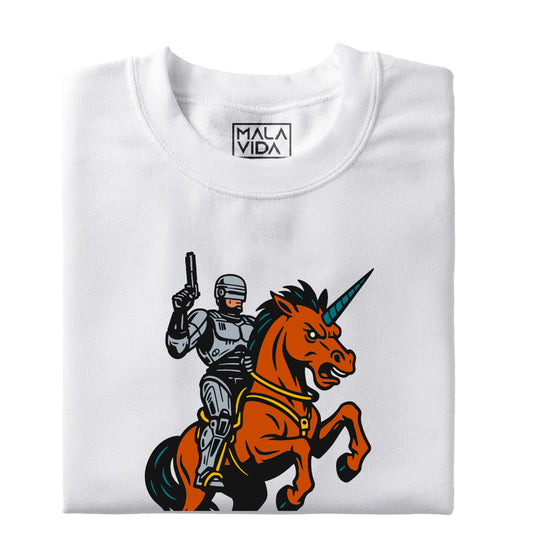 Robocop riding a Unicorn